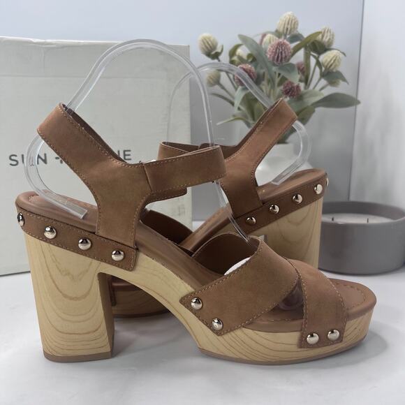 Sun + Stone Delestep Faux Leather Ankle Strap Block Heels Cognac Womens 10M NWB - Picture 6 of 11